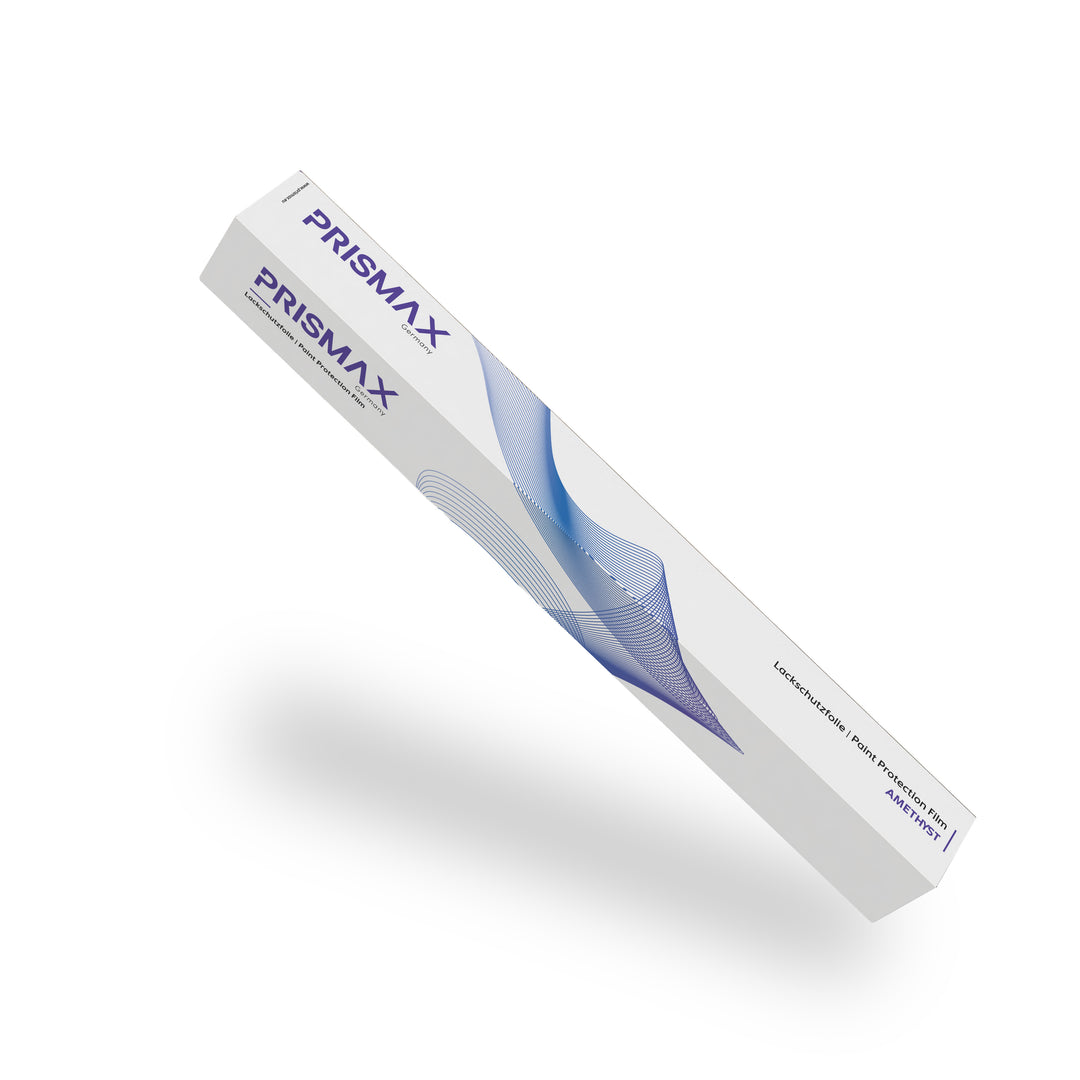 Amethyst Paint Protection Film (PPF) by Prismax showing a close-up of the clear, glossy protective film on a vehicle's surface
