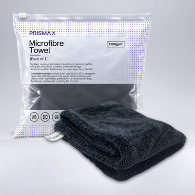 Prismax microfibre towel 1200 GSM pack of 1, soft and highly absorbent car cleaning towel with plush microfiber fabric.