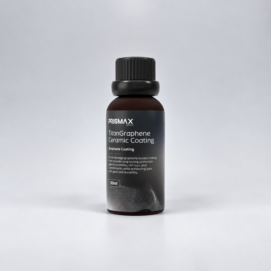 Bottle of Prismax TitanGraphene Ceramic Coating for car protection, featuring a sleek container with product label.
