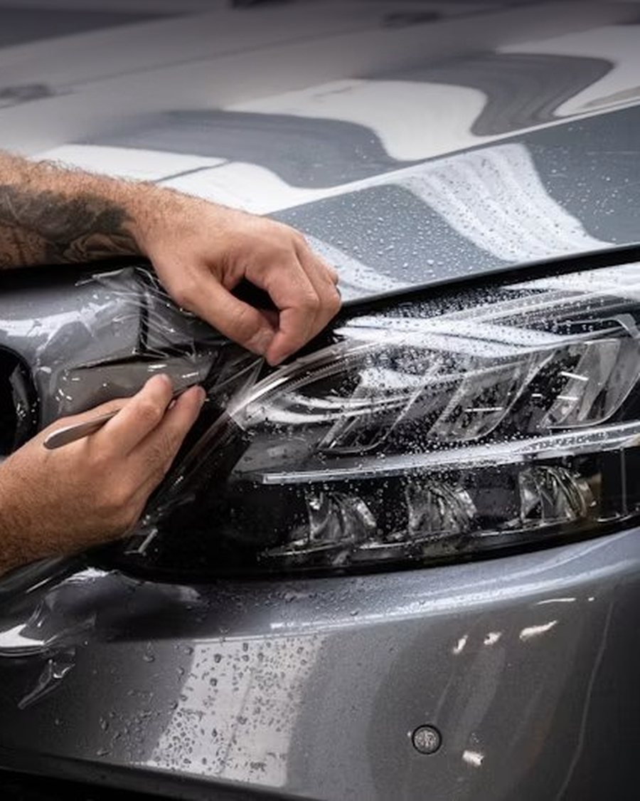 Applying paint protection film over a headlight