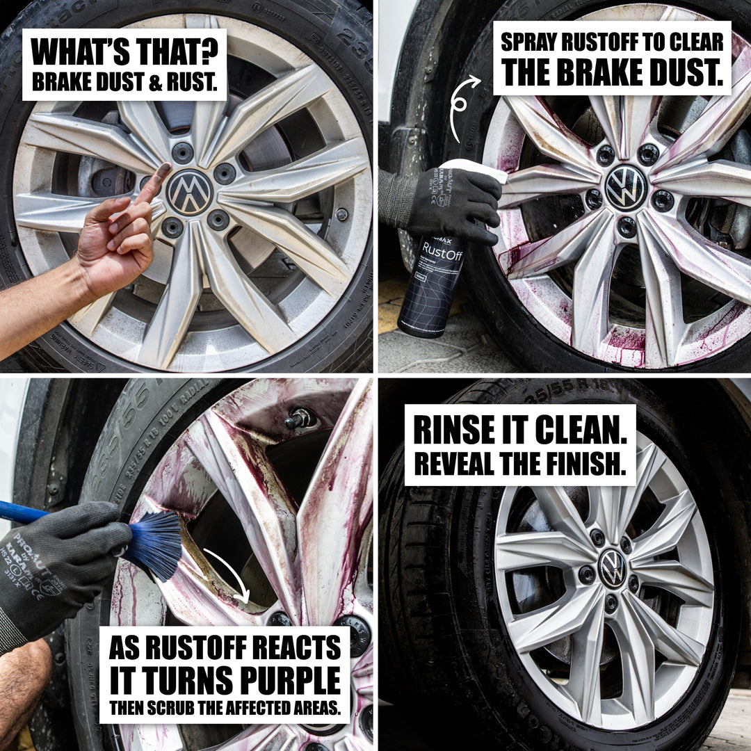 RustOff rust remover by Prismax, shown in a product collage for car care applications