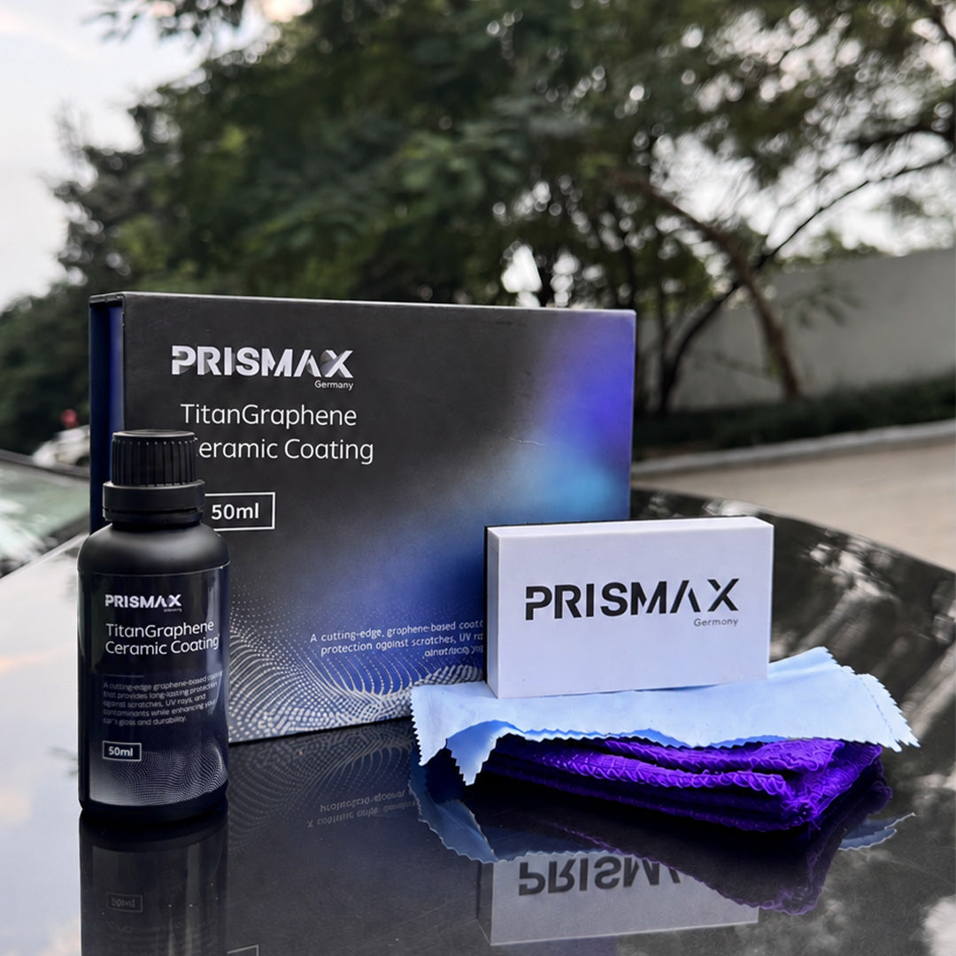 TitanGraphene ceramic coating applied on car surface, showcasing a sleek, glossy finish with a smooth, protected look.