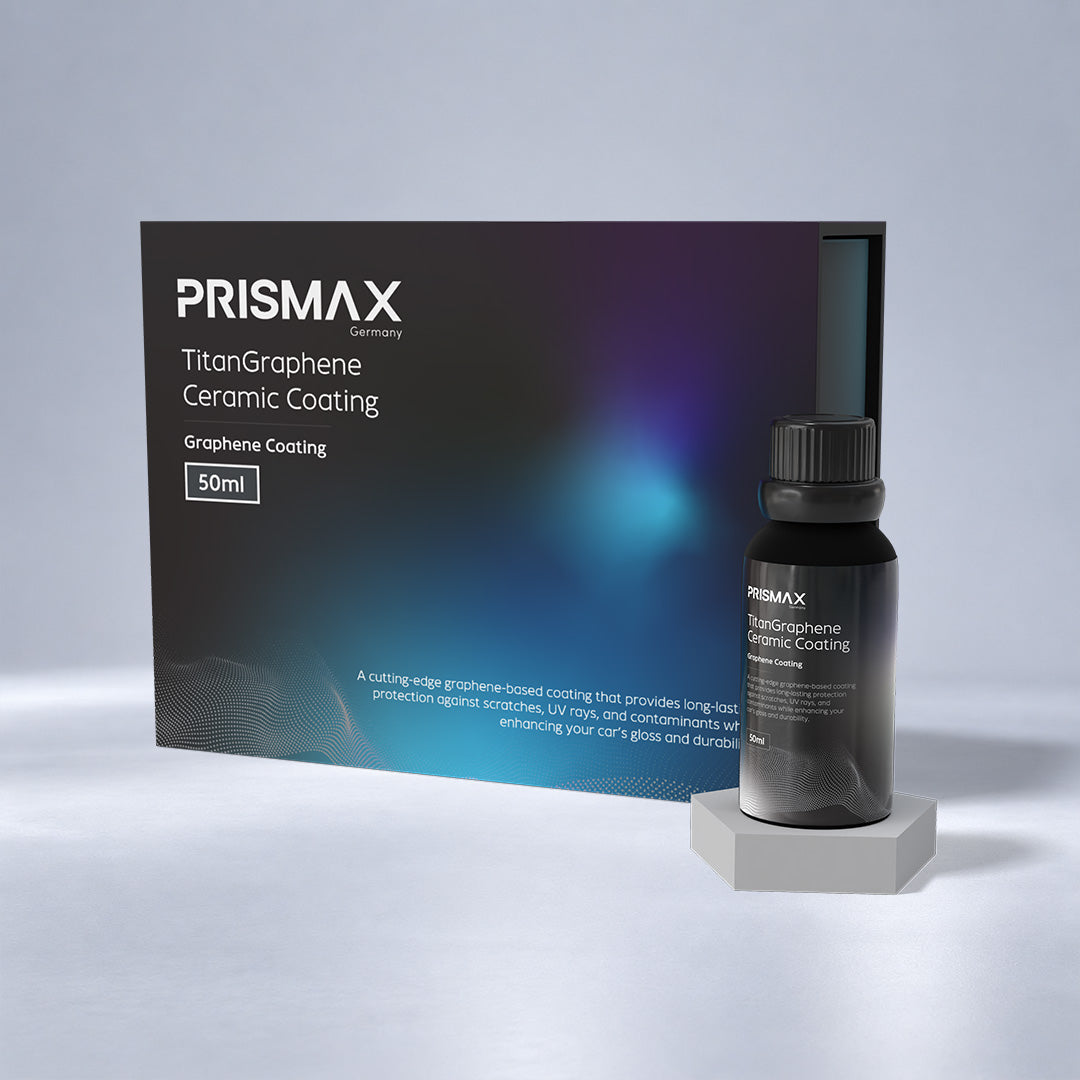 TitanGraphene Ceramic Coating by Prismax applied to a car's hood, showcasing a sleek, glossy finish for enhanced paint protection.