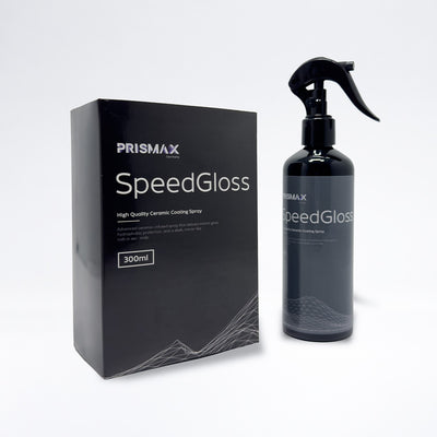 Prismax SpeedGloss Quick Detailer Kit for car care, showing bottles and application tools for fast vehicle detailing.