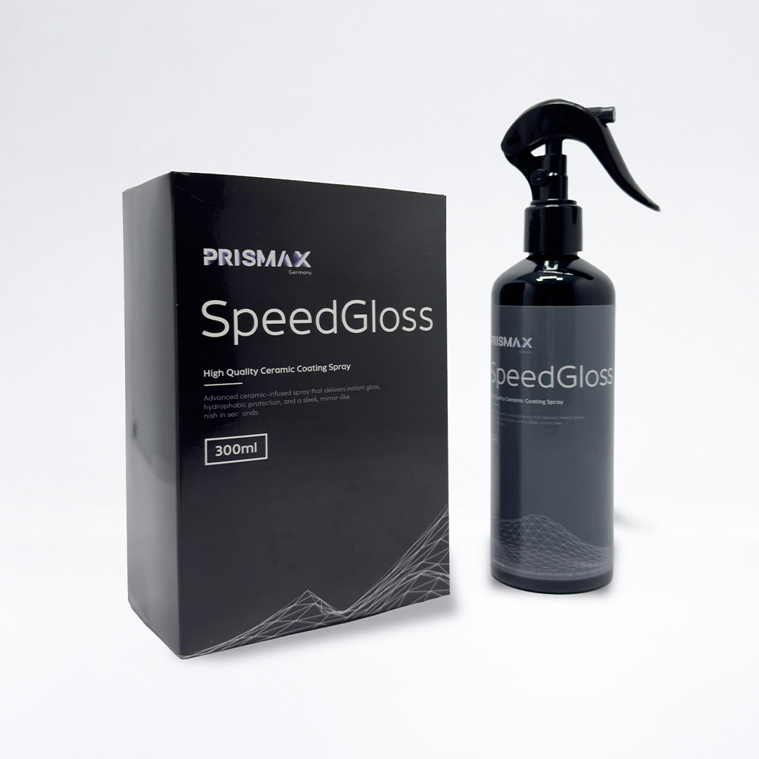 Prismax SpeedGloss Quick Detailer Kit for car care, showing bottles and application tools for fast vehicle detailing.