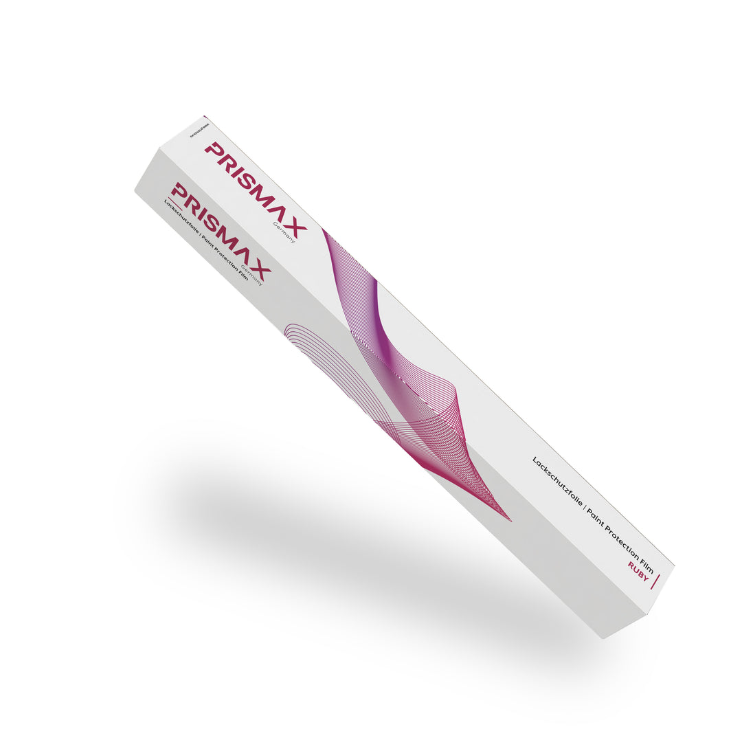 Ruby Paint Protection Film by Prismax applied to a car's hood, showcasing clear, durable PPF for vehicle paint protection.