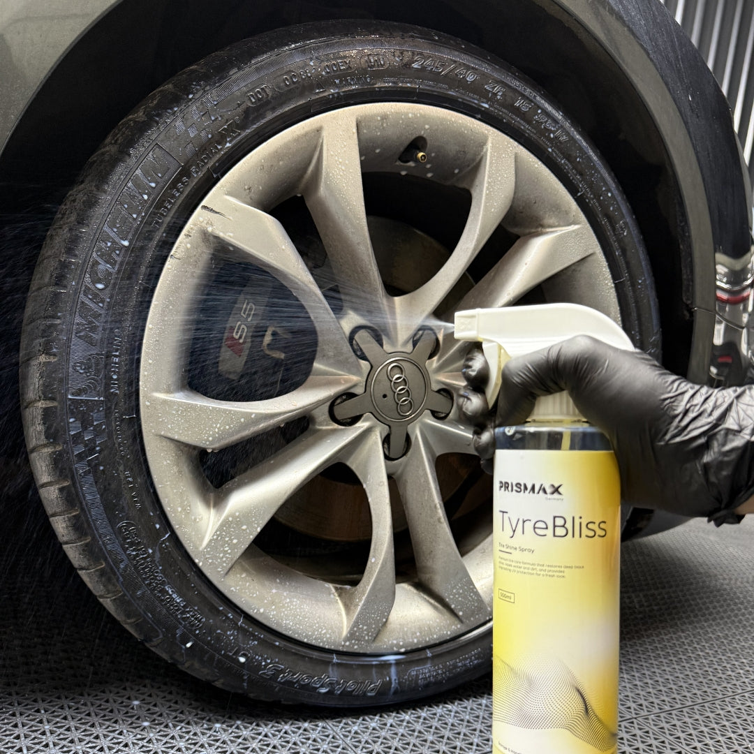 Prismax TyreBliss Tire Shine Spray in 500ml bottle, showing a car tire with a glossy, water-based tire shine finish.