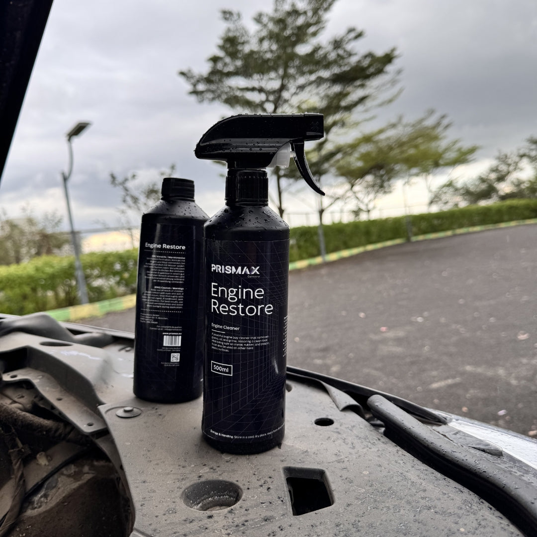 Prismax EngineRestore engine cleaner and degreaser in 500ml bottle showing a clean engine component.
