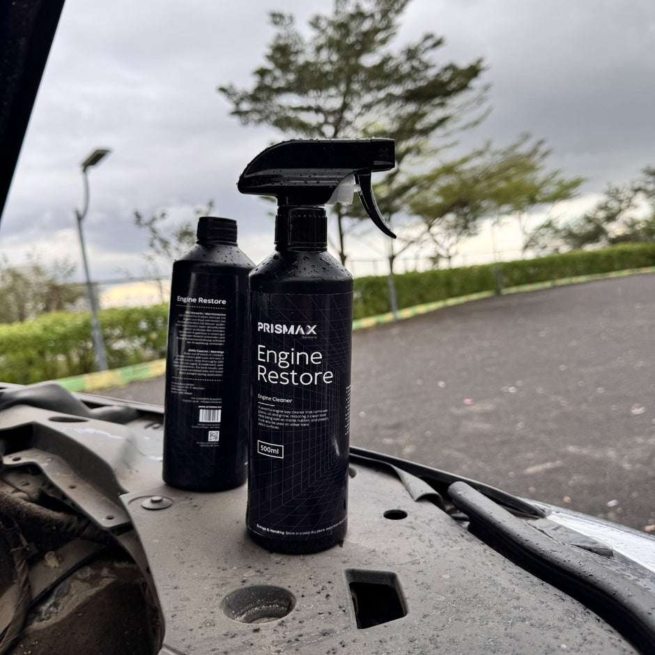 Prismax EngineRestore engine cleaner and degreaser in 500ml bottle showing a clean engine component.