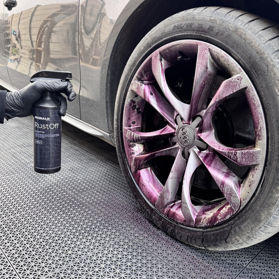 RustOff Prismax rust remover in a 500ml bottle showing the label and nozzle for automotive rust cleaning.