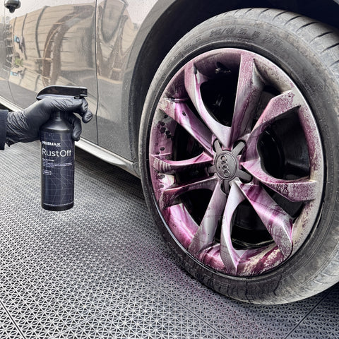 RustOff Prismax rust remover in a 500ml bottle showing the label and nozzle for automotive rust cleaning.