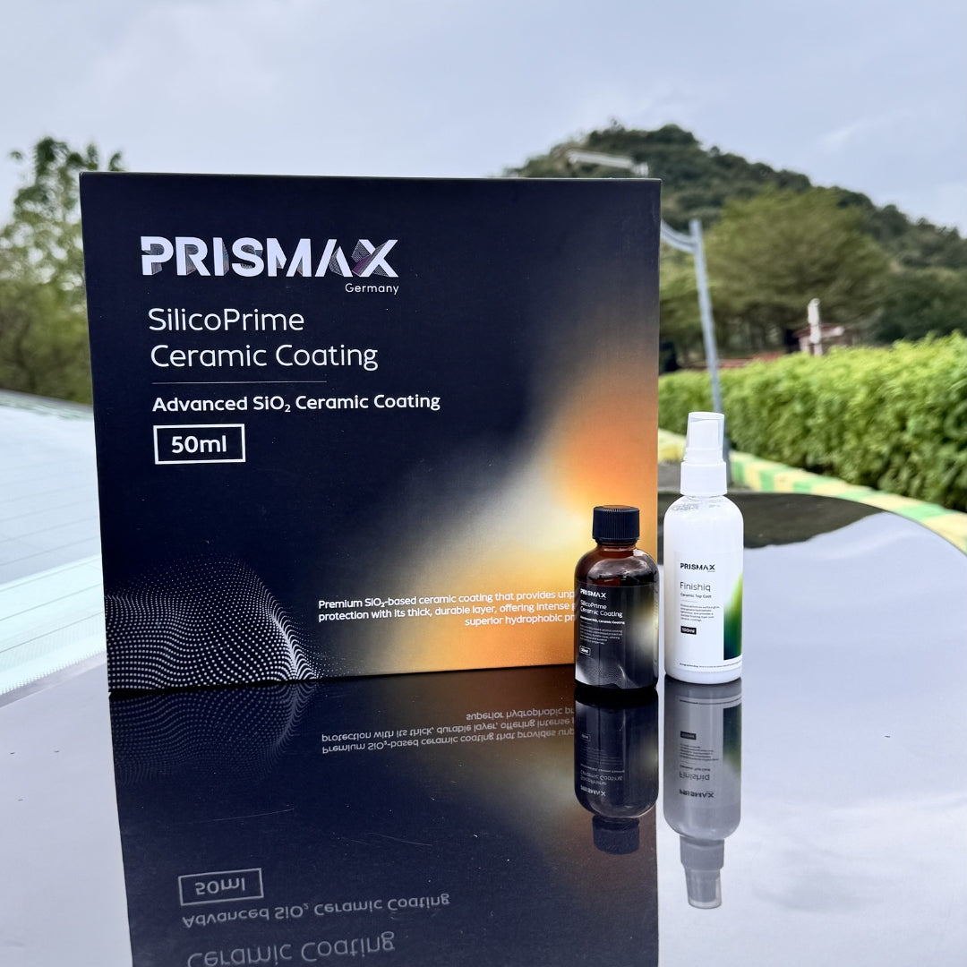 Prismax SilicoPrime ceramic coating applied to a car's hood, showcasing a smooth, shiny, protective finish.