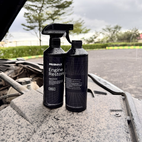 Prismax EngineRestore engine cleaner and degreaser in a 500ml spray bottle, showing the product label and nozzle spray head.