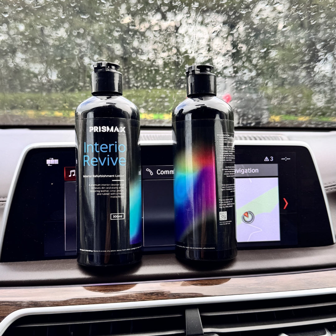 Prismax InterioRevive Interior Refurbishment Lotion applied to car interior surfaces, restoring and cleaning with a smooth finish.