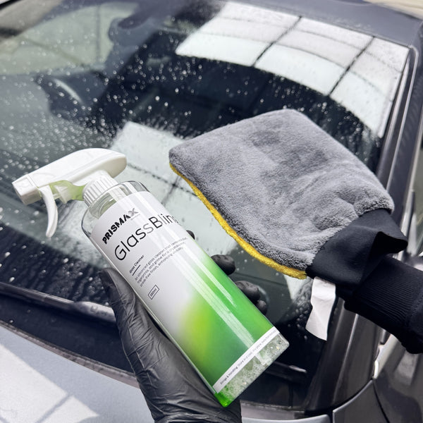 Prismax GlassBling Glass Cleaner Spray in 500ml bottle with GlassMitt Safe for tinted windows, mirrors, infotainment screens, and glossy interior surfaces.