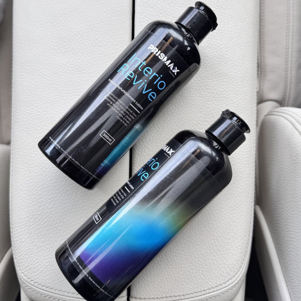 Prismax InterioRevive Car Interior Liquid Spray applied to car interior surfaces, door panels, showcasing a clean and refreshed look.