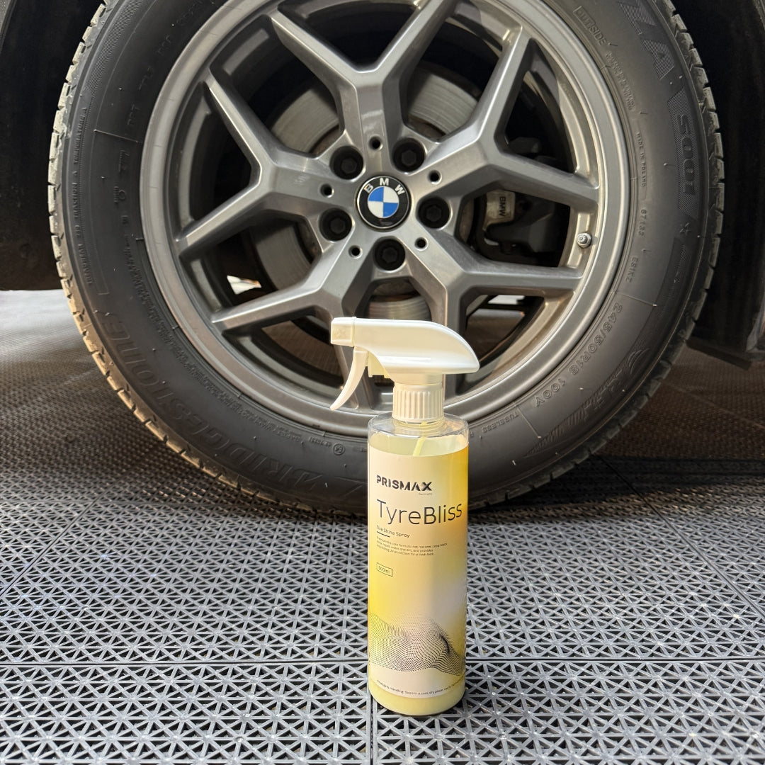 TyreBliss Tire Shine Spray by Prismax, 500ml, water-based formula, showing a car tire with a glossy, clean finish.