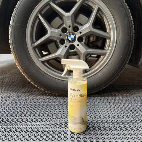 TyreBliss Tire Shine Spray by Prismax, 500ml, water-based formula, showing a car tire with a glossy, clean finish.