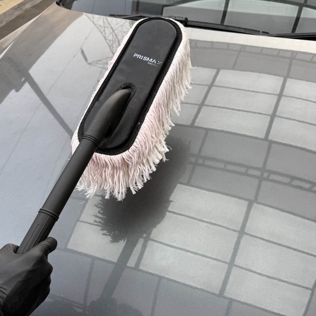 Prismax DustOff car duster with soft microfiber head for effective dust removal from vehicle surfaces.