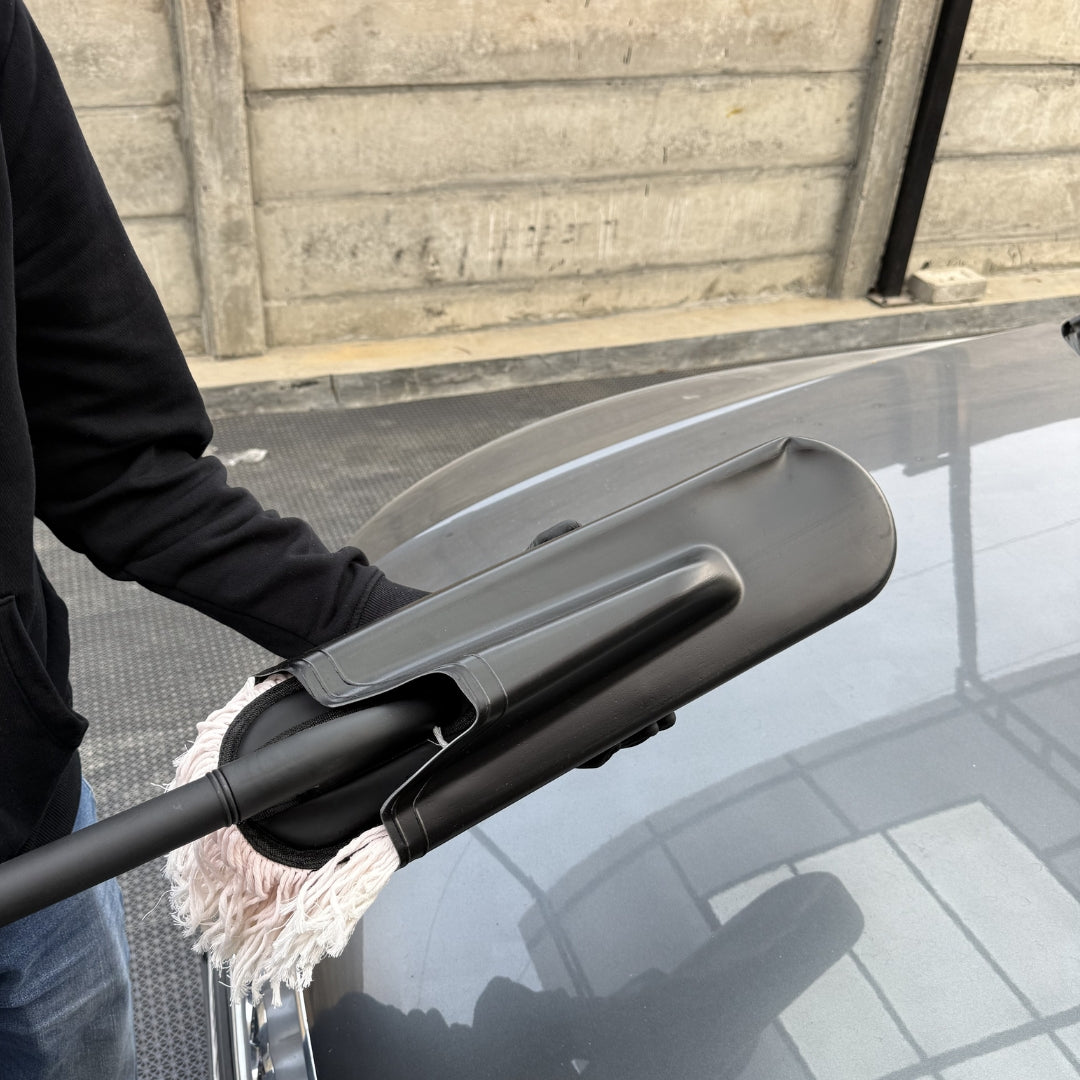 Prismax DustOff Car Duster showing a close-up of the soft microfiber head for dust removal on vehicle surfaces.