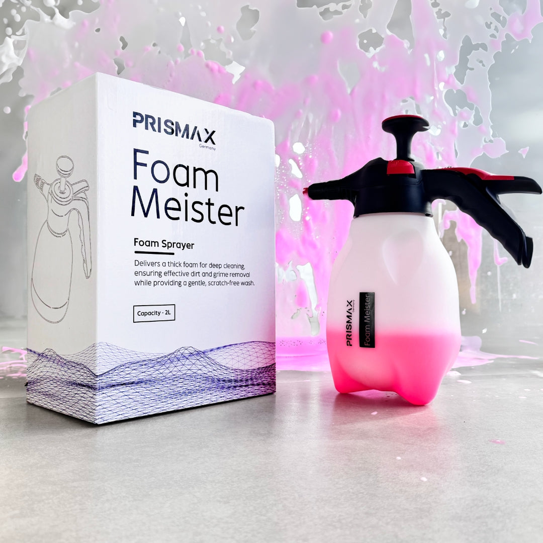 Foam Meister foam cannon attached to a garden hose, used for car washing with thick foam from Prismax Car Care Products.