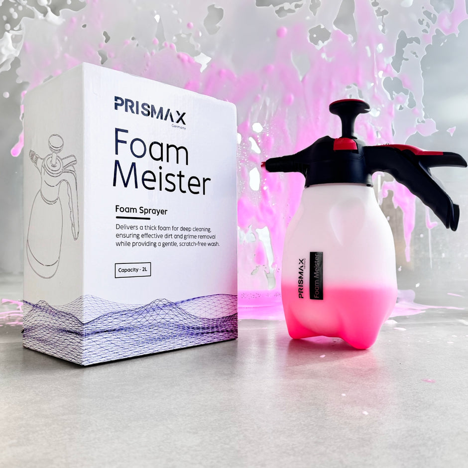 Foam Meister foam cannon attached to a garden hose, used for car washing with thick foam from Prismax Car Care Products.