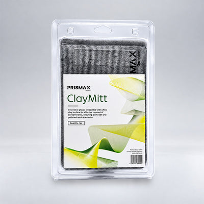 Prismax ClayMitt for car care, soft clay mitt used for removing contaminants and polishing vehicle surfaces.