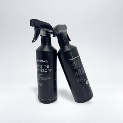 EngineRestore by Prismax Car Care Products, close-up of engine treatment bottle with label and engine components in the background
