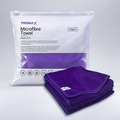 Three Prismax microfibre towels, 300 GSM, in a pack, showcasing soft, absorbent fabric ideal for car care cleaning and drying.