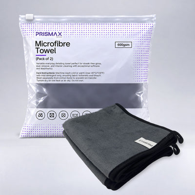 Two Prismax microfibre towels, 600 GSM, pack of 2, showing soft, high-absorbency microfiber fabric ideal for car cleaning.