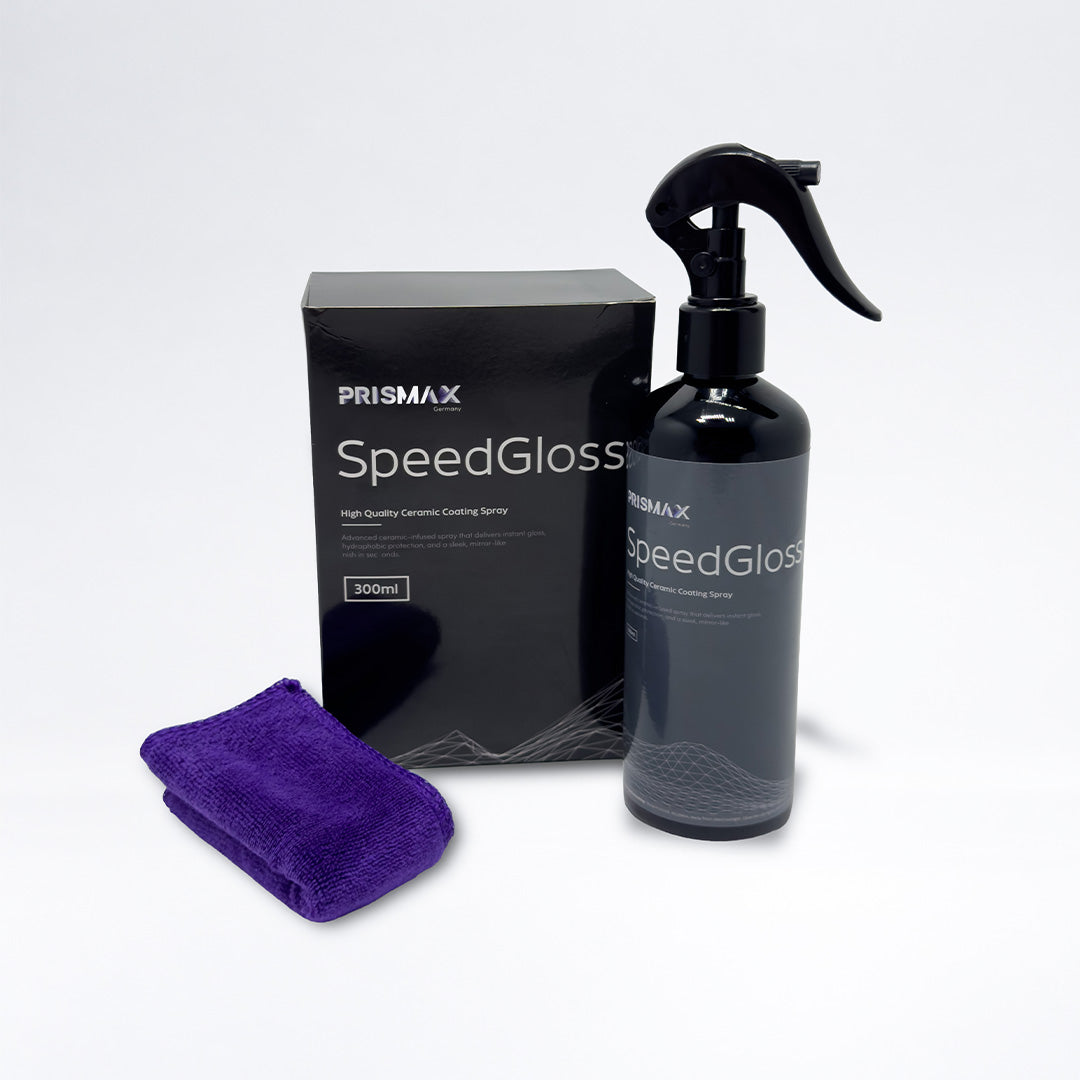 Prismax SpeedGloss Quick Detailer Kit showing bottles and applicator pads for fast car detail cleaning and shining.